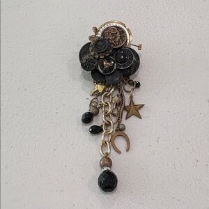 Vintage Glass & Metal Button Brooch with charms—BEAUTIFUL! Glass Beads—Artisan